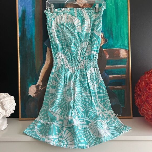 Roxy Blue and White Strapless Sundress Ruffled Smocked - Picture 1 of 15